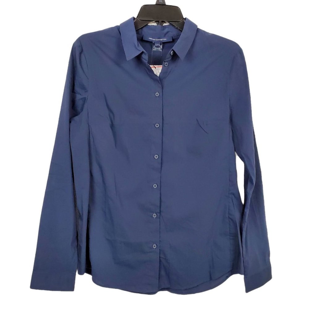 French Connection Womens Navy Blue Button Shirt 10 Long Sleeve Cotton Stretch